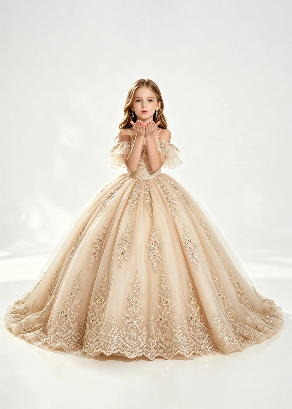 Champagne Off-Shoulder Lace-Hem Flower Girl Dress