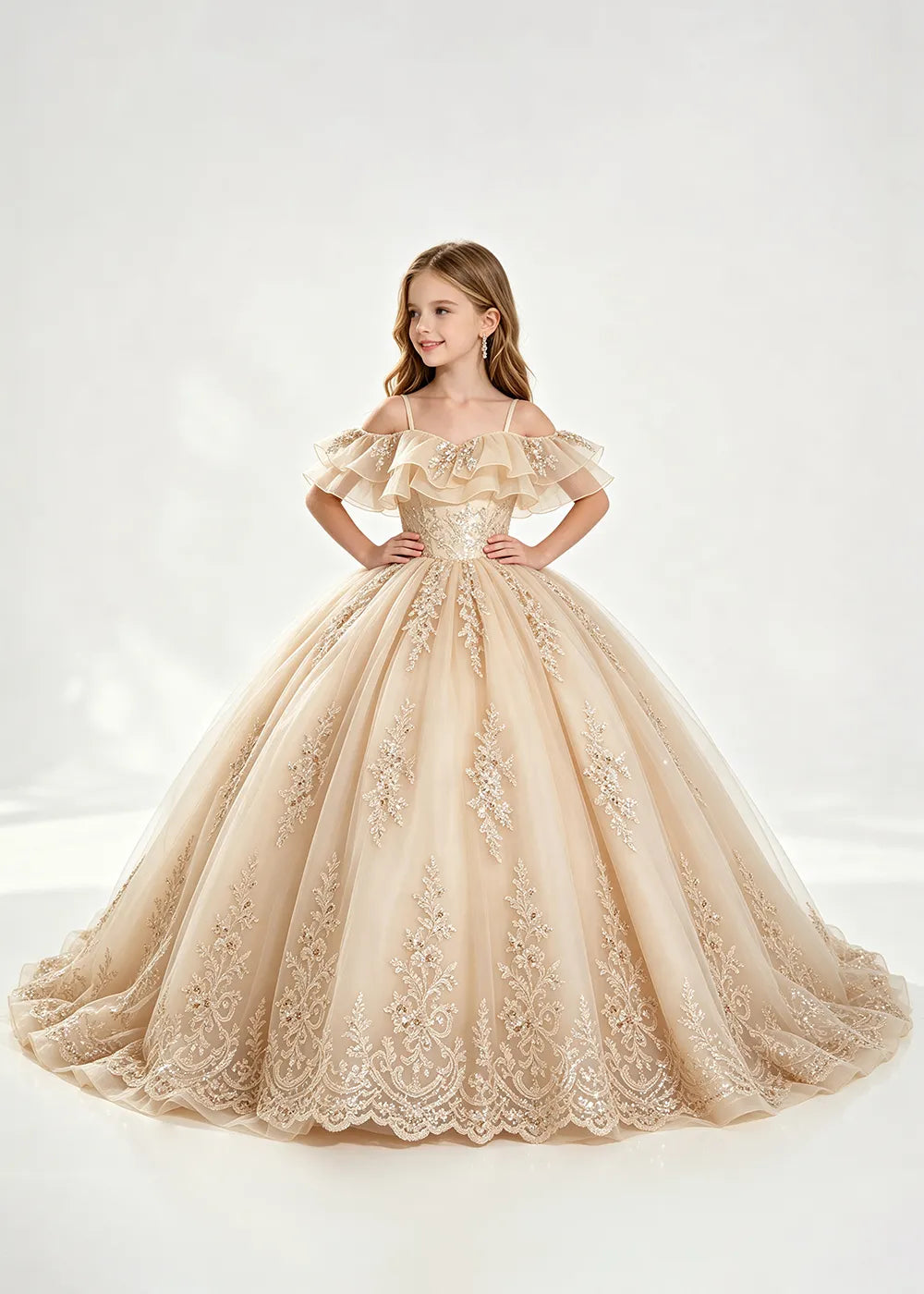 Champagne Off-Shoulder Lace-Hem Flower Girl Dress