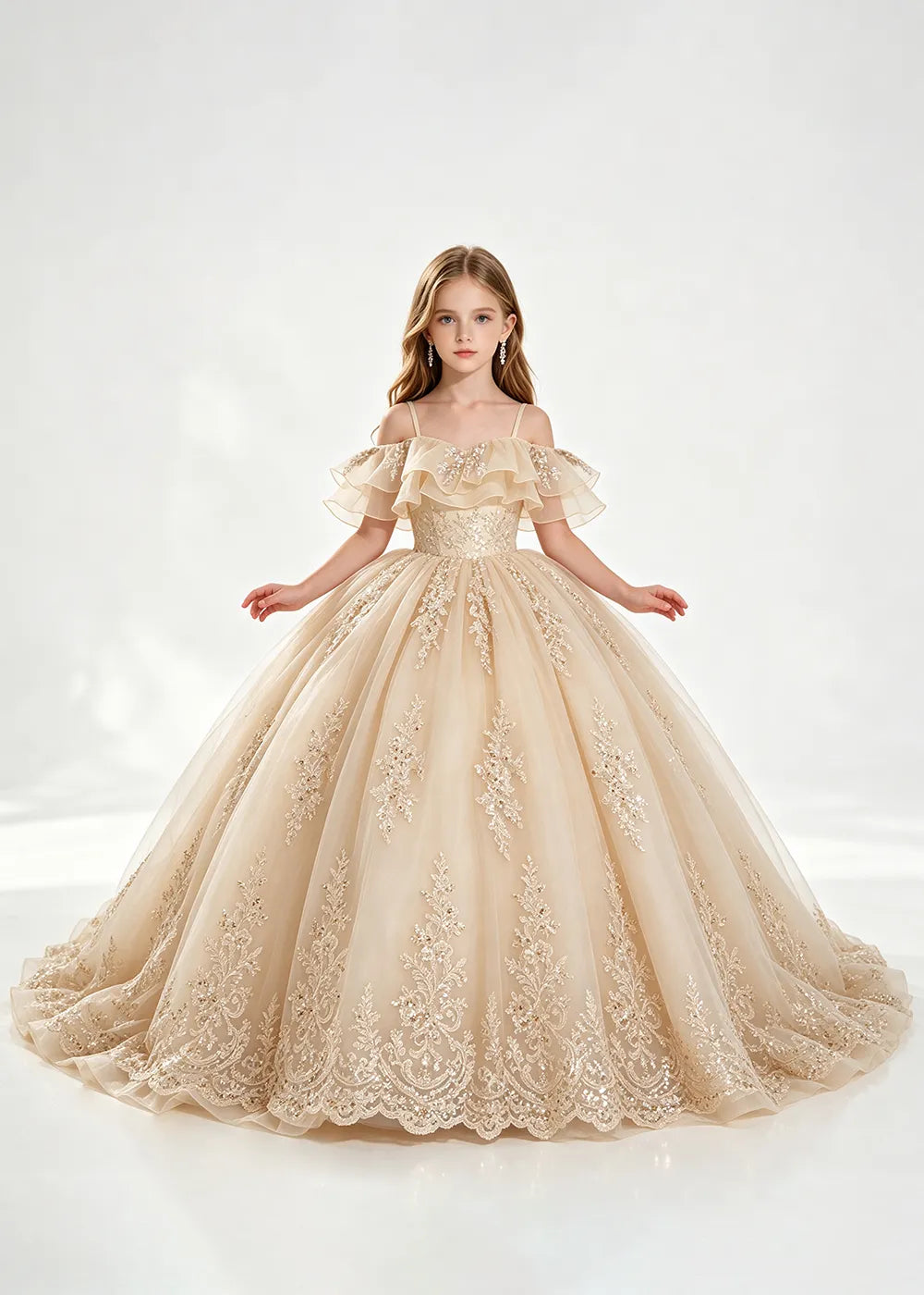 Champagne Off-Shoulder Lace-Hem Flower Girl Dress