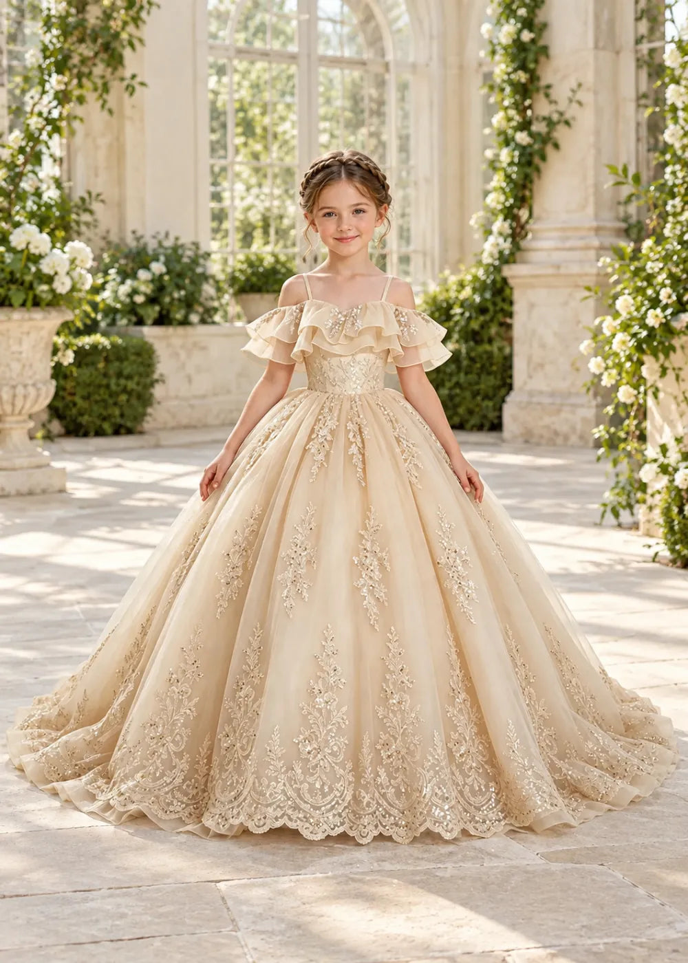 Champagne Off-Shoulder Lace-Hem Flower Girl Dress