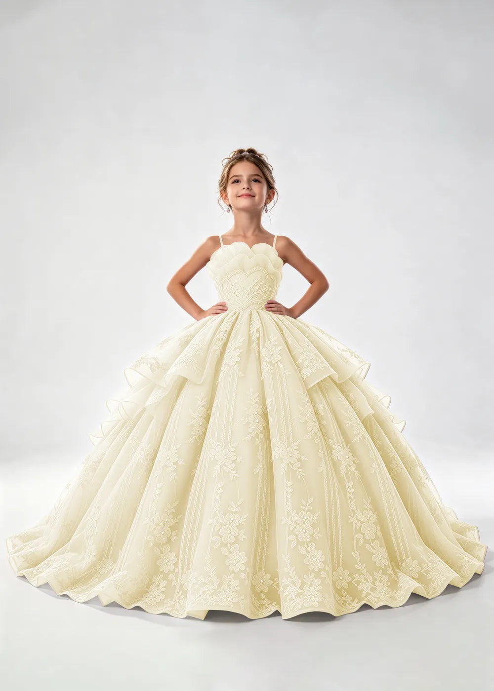 Flower girl dress in Champagne, front view.
