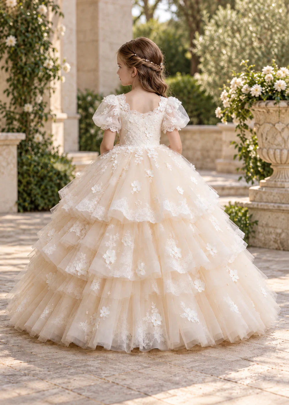 Flower girl dress in Champagne, back view.