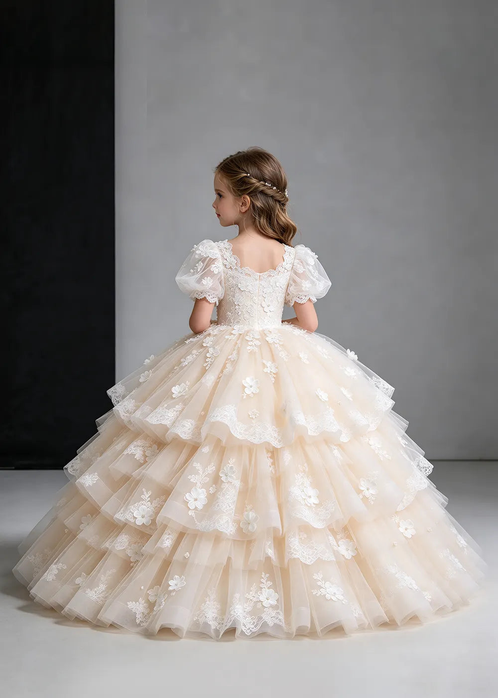 Flower girl dress in Champagne, back view.
