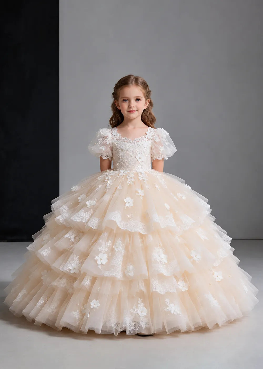 Flower girl dress in Champagne, front view.