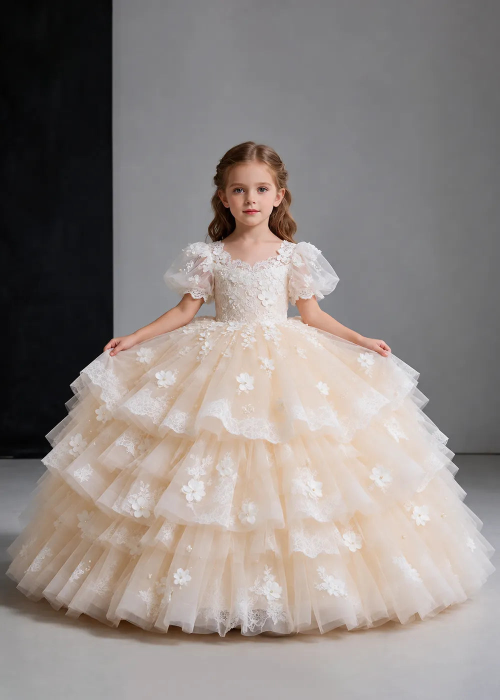 Flower girl dress in Champagne, front view.