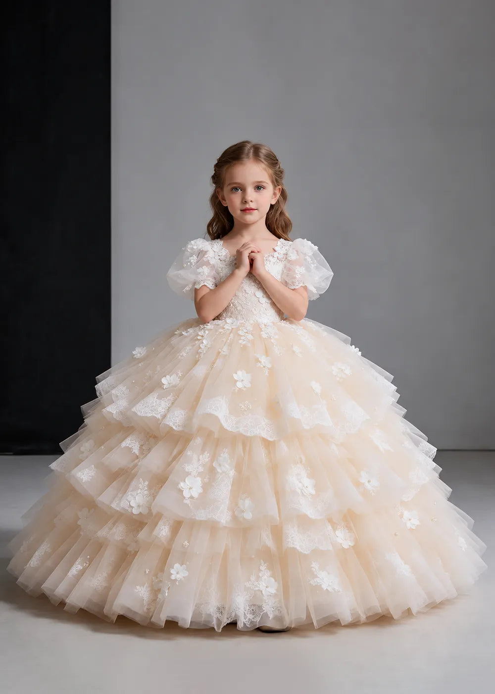 Flower girl dress in Champagne, front view.
