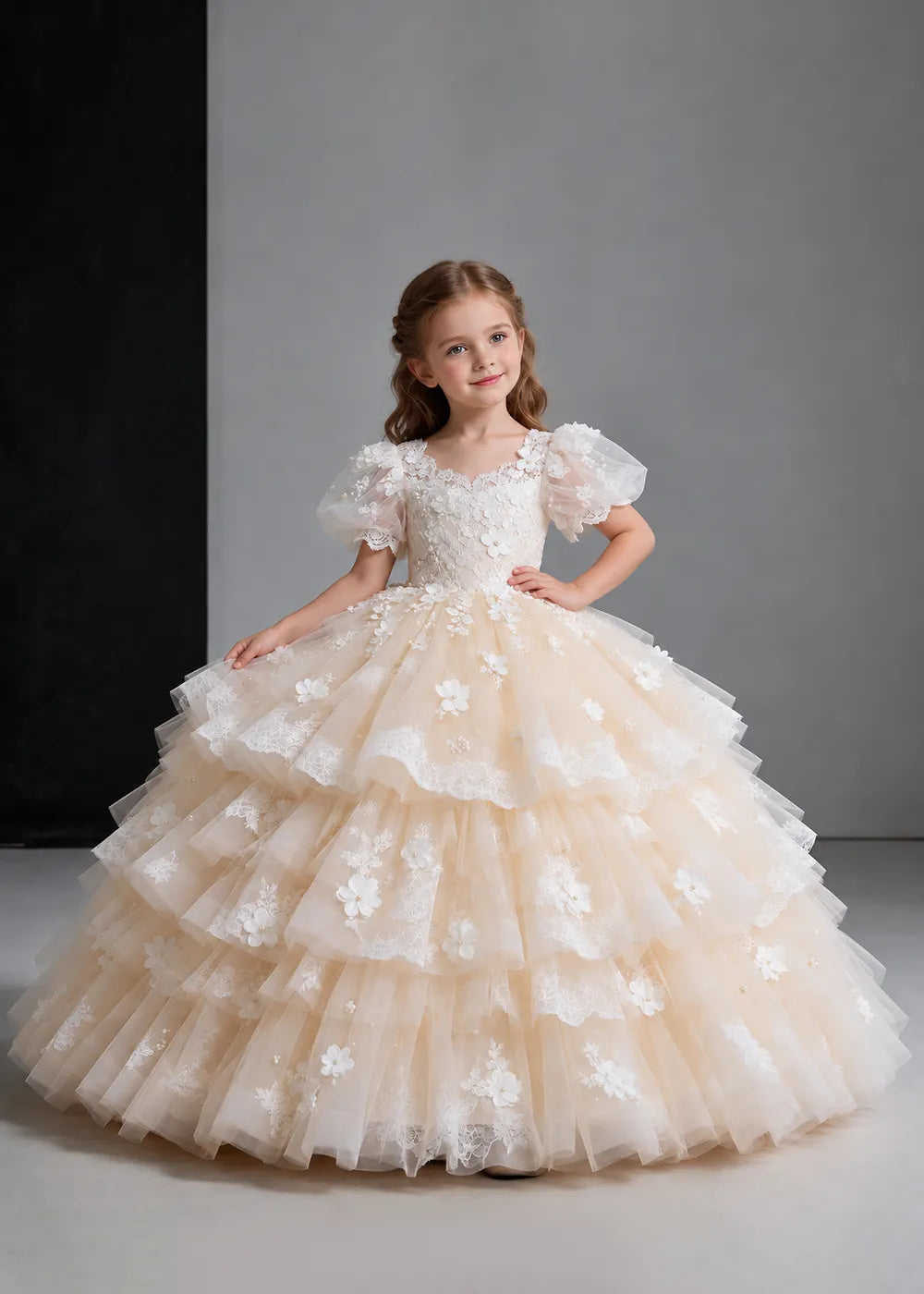 Flower girl dress in Champagne, front view.