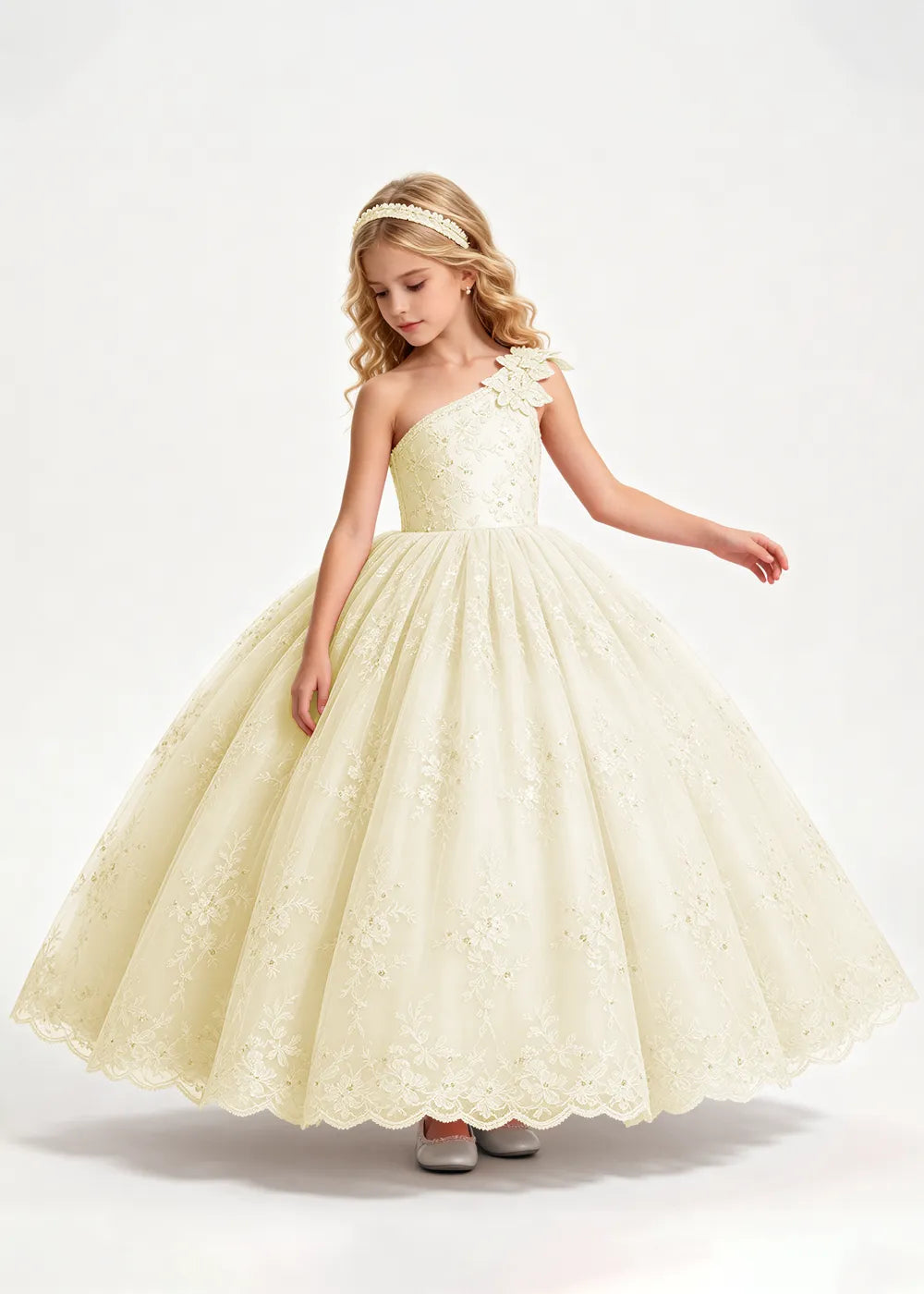 Warm Pale Blush One-Shoulder Flower Girl Gown with Scalloped Lace