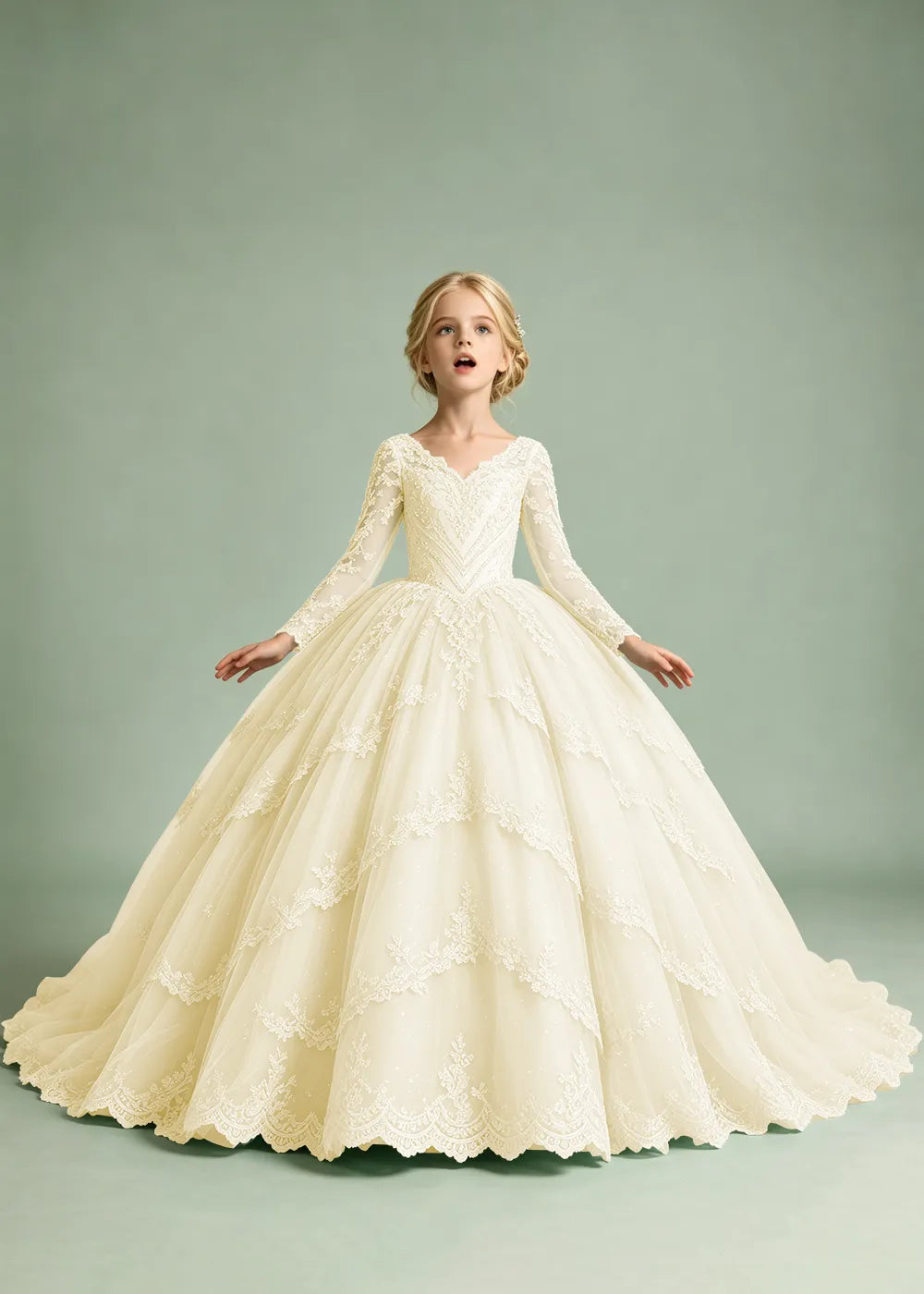 Long Sleeve Floral Lace Princess Dress for Girls