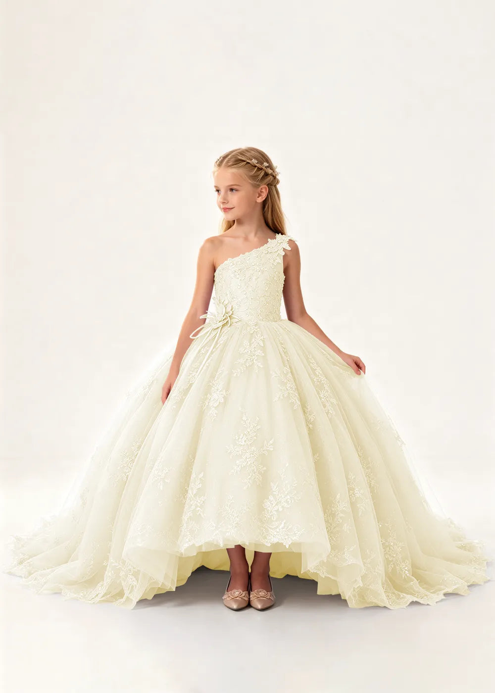 One-Shoulder High-Low Lace Princess Dress for Girls