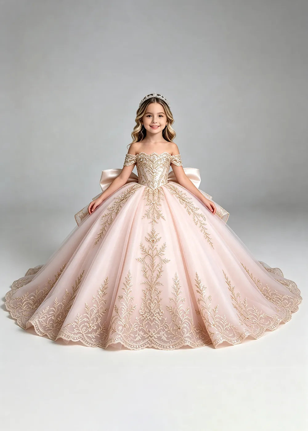 Off-Shoulder Lace Flower Girl Dress with Bow and Scalloped Hem