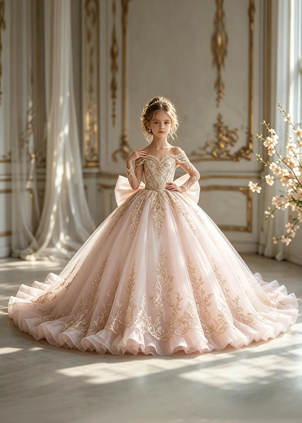 Off-Shoulder Sequin Lace Flower Girl Dress with Bow and Flounced Hem