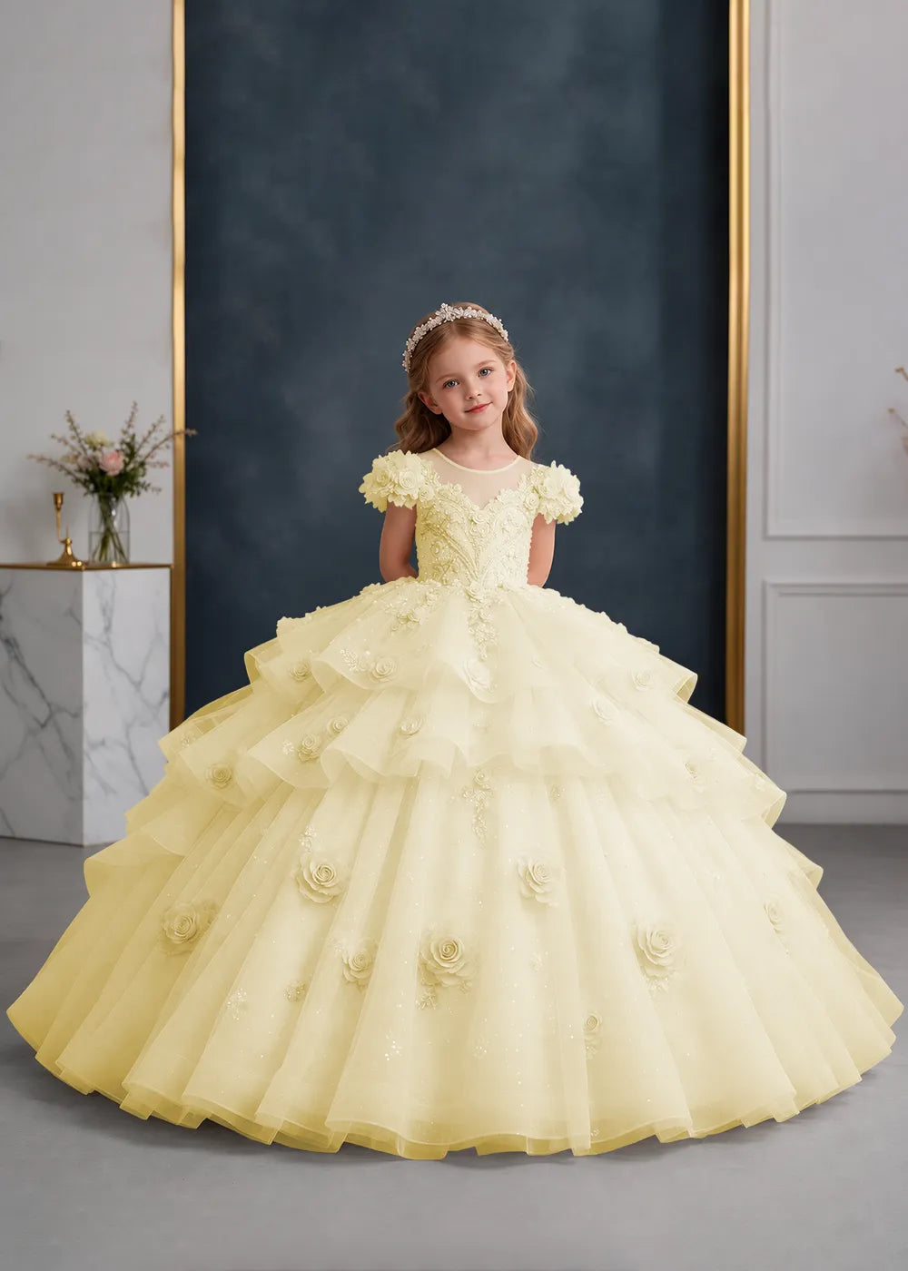 Pink Rose-Applique Flower Girl Ball Gown with Cascading Ruffles