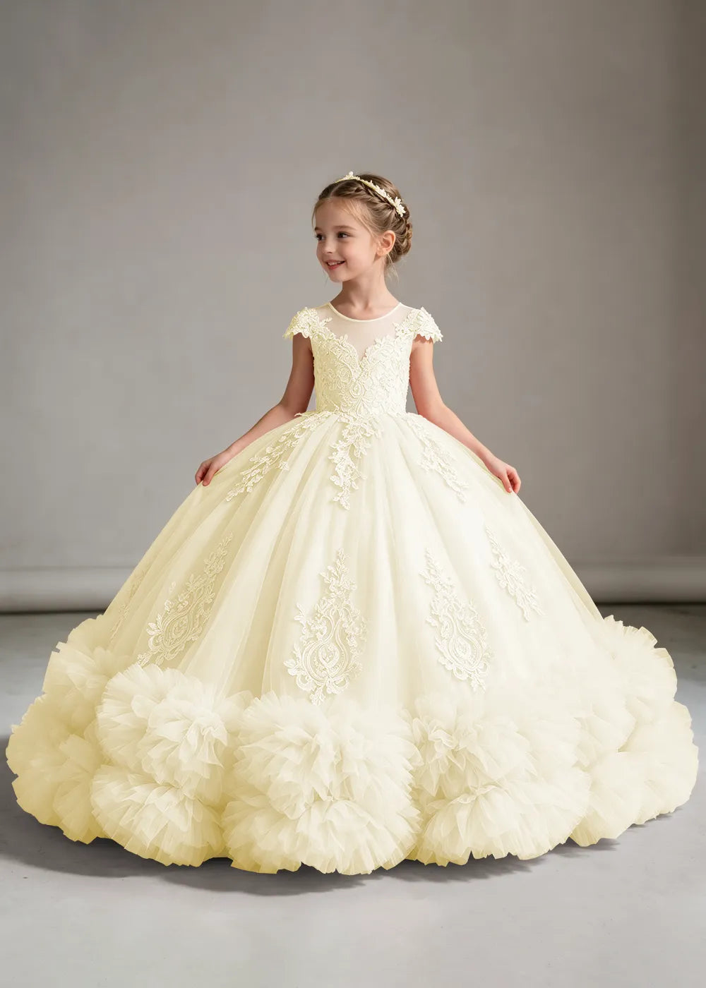 Pink Flower Girl Ball Gown with Floral Bodice and Ruffle Hem