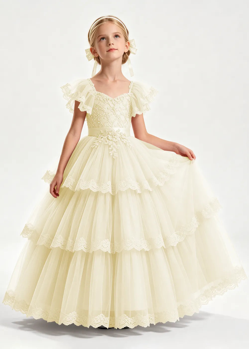 Warm Blush Pink Flower Girl Ball Gown with Three Lace-Edged Tiers