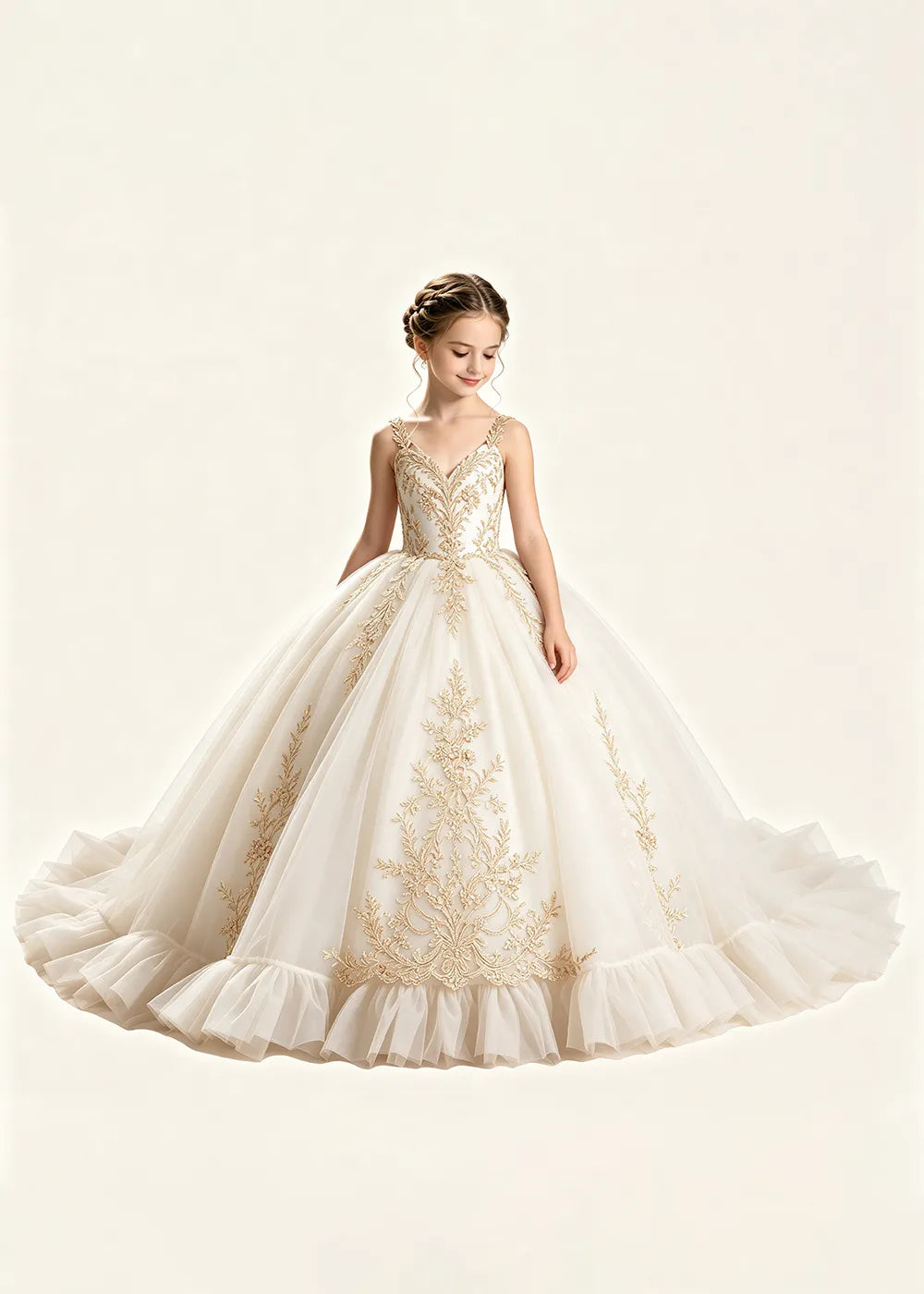 Gold Appliqué V-Neck Princess Dress for Girls