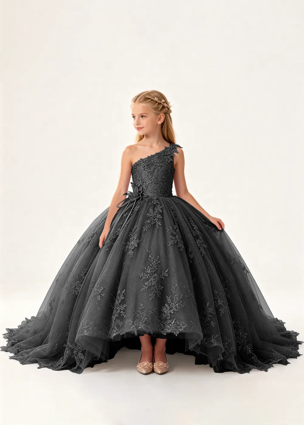 One-Shoulder High-Low Lace Princess Dress for Girls