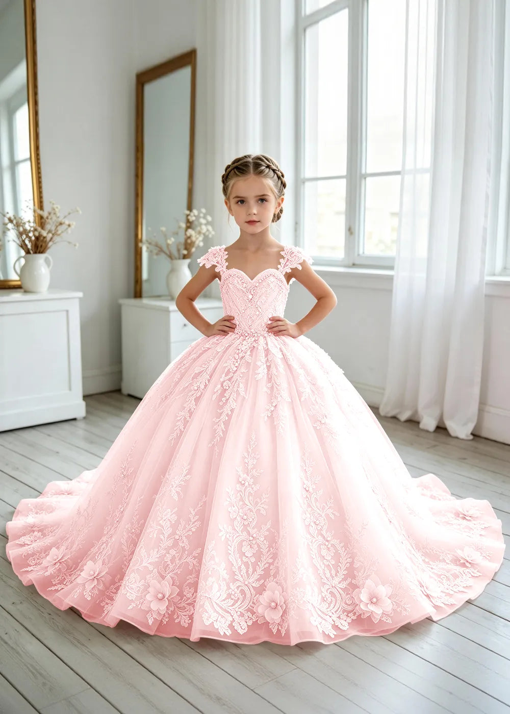 Floral V-Neck Lace Flower Girl Ball Gown Dress