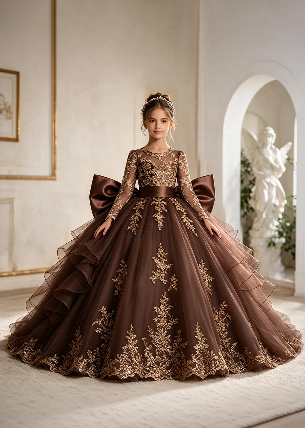 Navy Blue Gold Lace Flower Girl Gown with Ruffles and Long Bow Tails