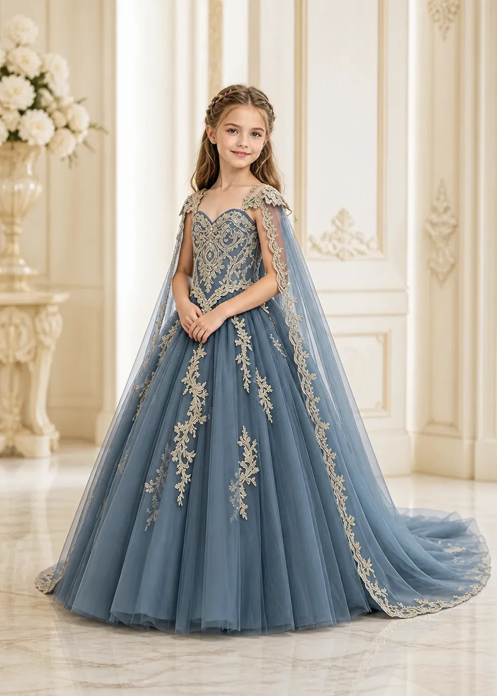 Gold Appliqué Cape Princess Dress for Girls