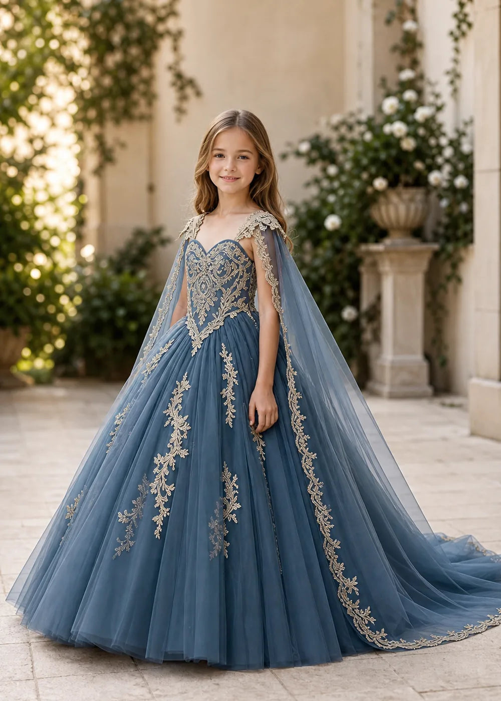 Gold Appliqué Cape Princess Dress for Girls
