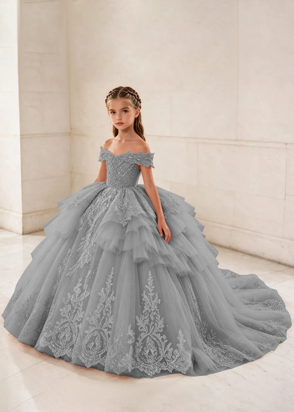 Ruffled Off Shoulder Lace Princess Dress for Girls