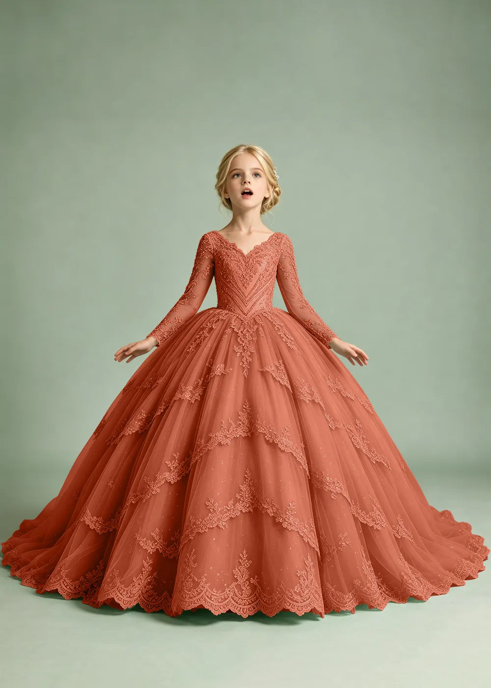 Long Sleeve Floral Lace Princess Dress for Girls