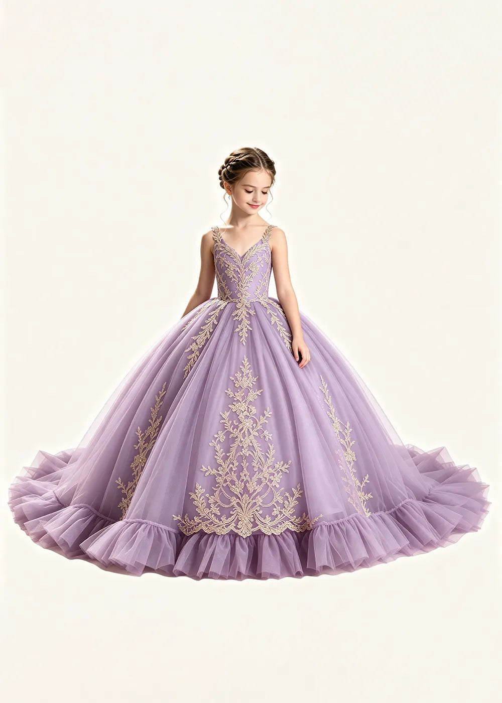Gold Appliqué V-Neck Flower Girl Ball Gown Dress