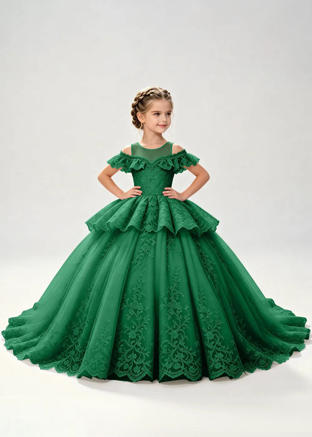 Illusion Neck Tiered Lace Flower Girl Ball Gown Dress