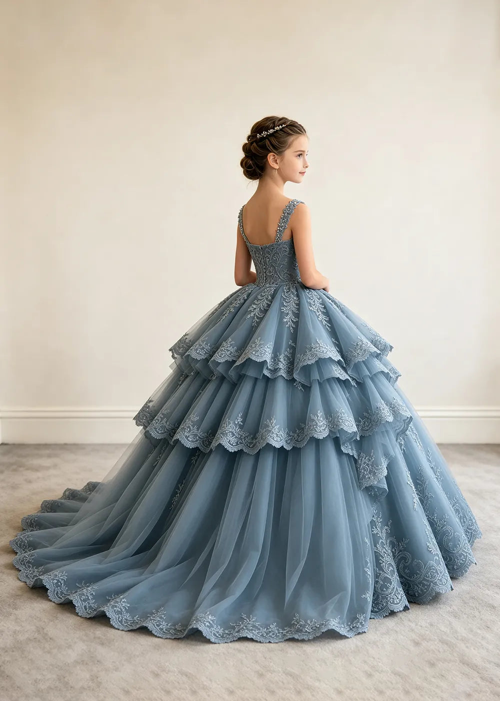 V-Neck Tiered Lace Flower Girl Ball Gown Dress