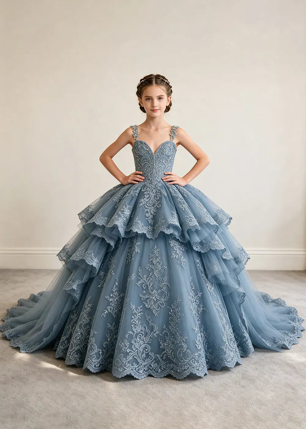 V-Neck Tiered Lace Flower Girl Ball Gown Dress