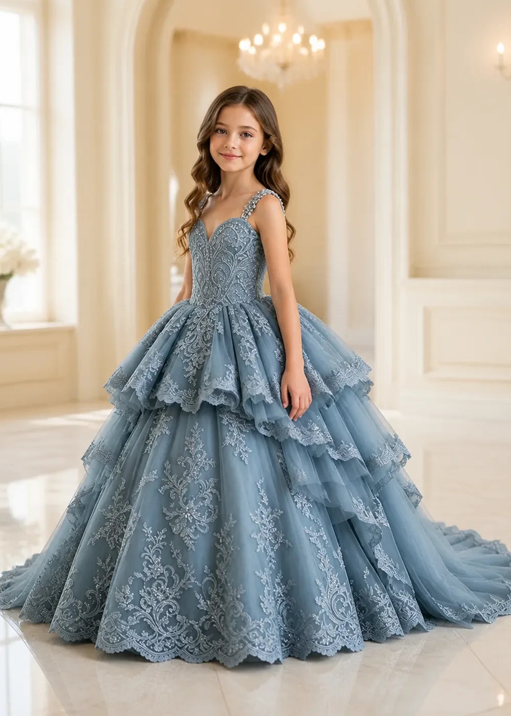 V-Neck Tiered Lace Flower Girl Ball Gown Dress