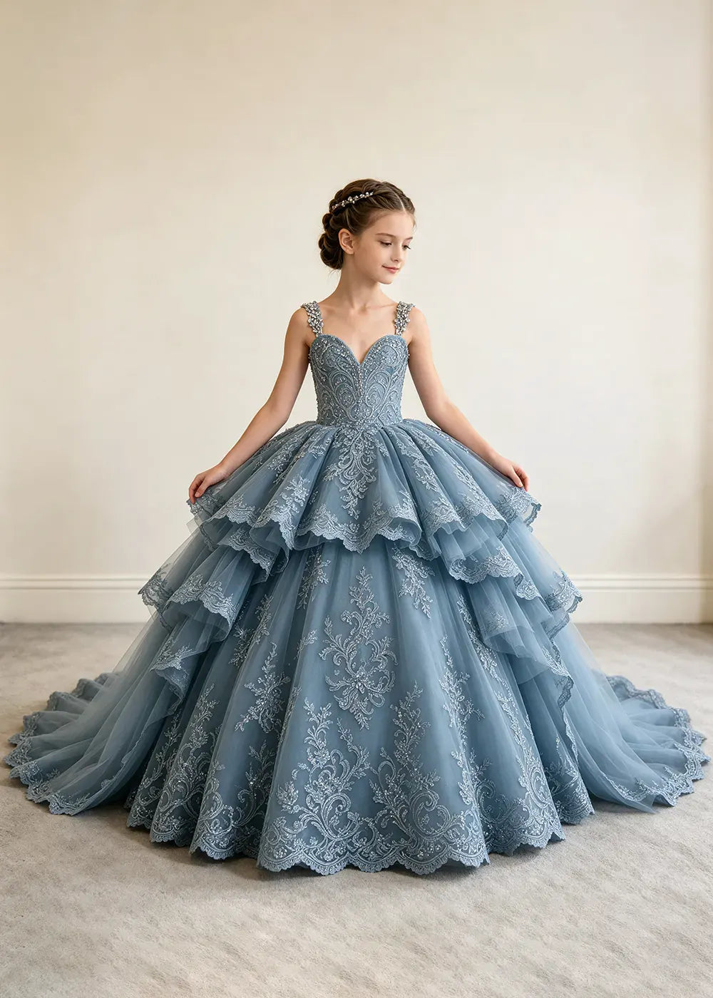 V-Neck Tiered Lace Flower Girl Ball Gown Dress