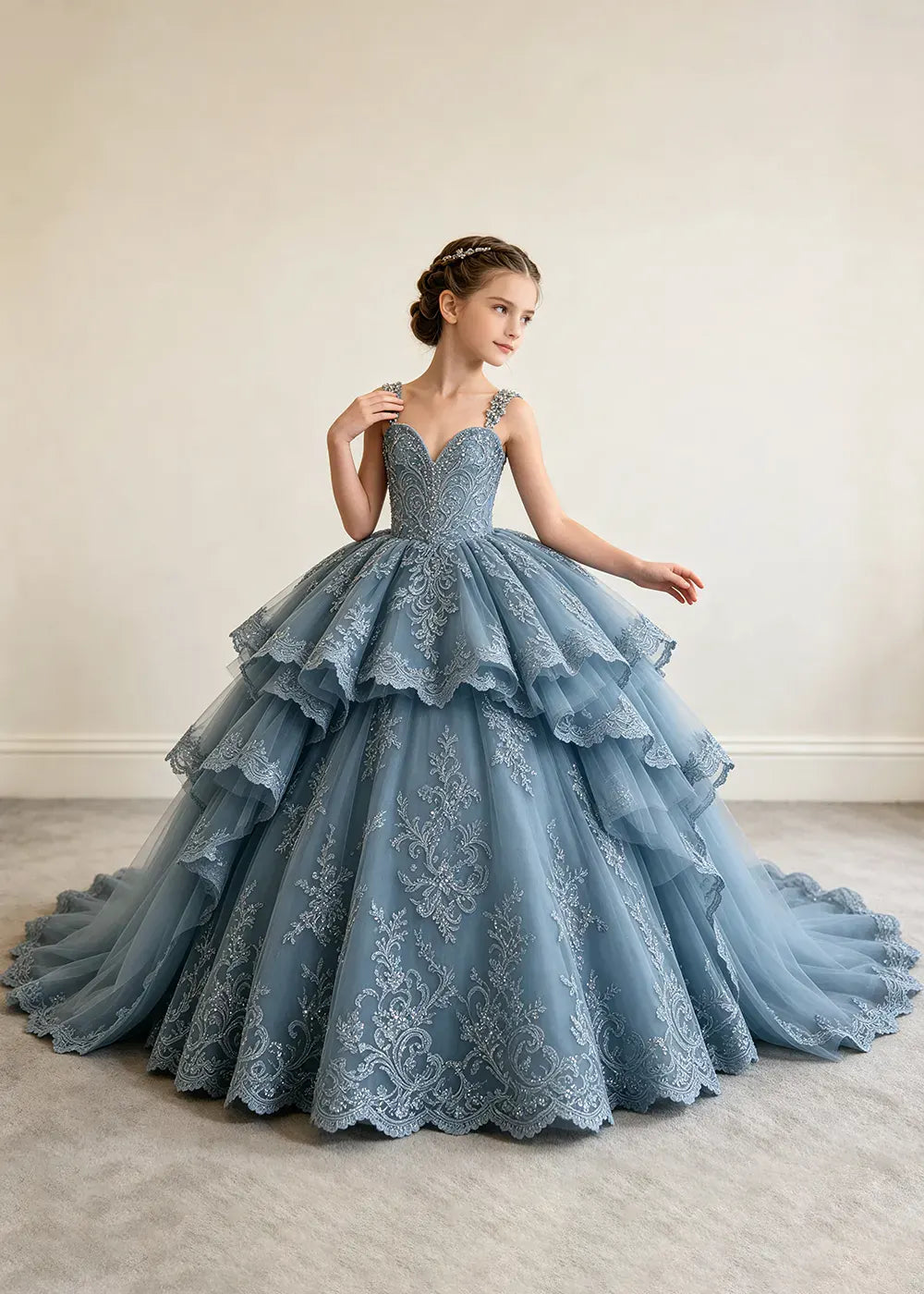 V-Neck Tiered Lace Flower Girl Ball Gown Dress