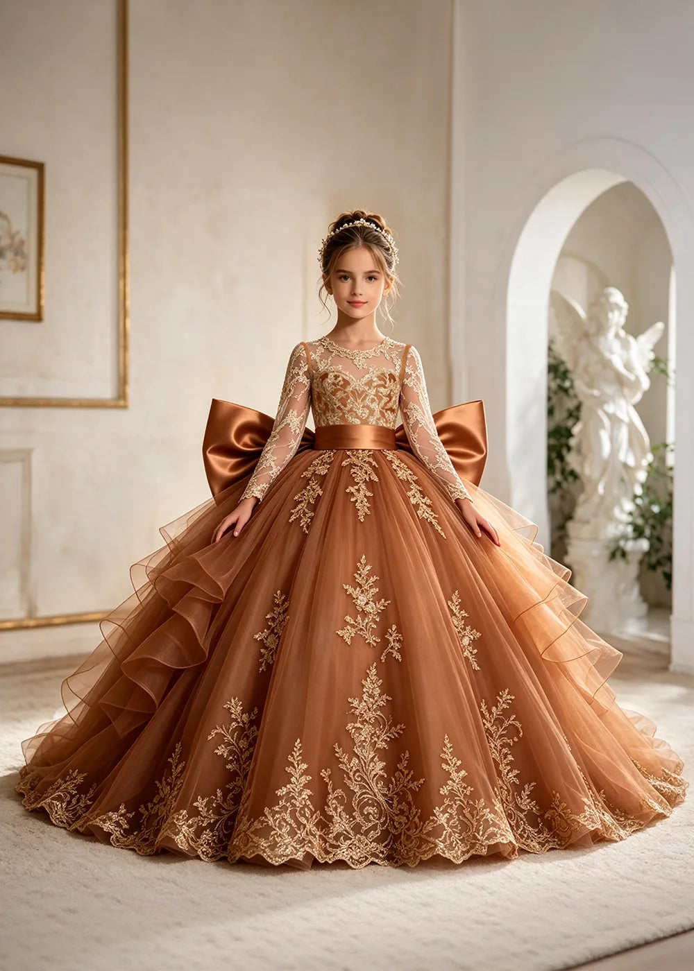 Navy Blue Gold Lace Flower Girl Gown with Ruffles and Long Bow Tails