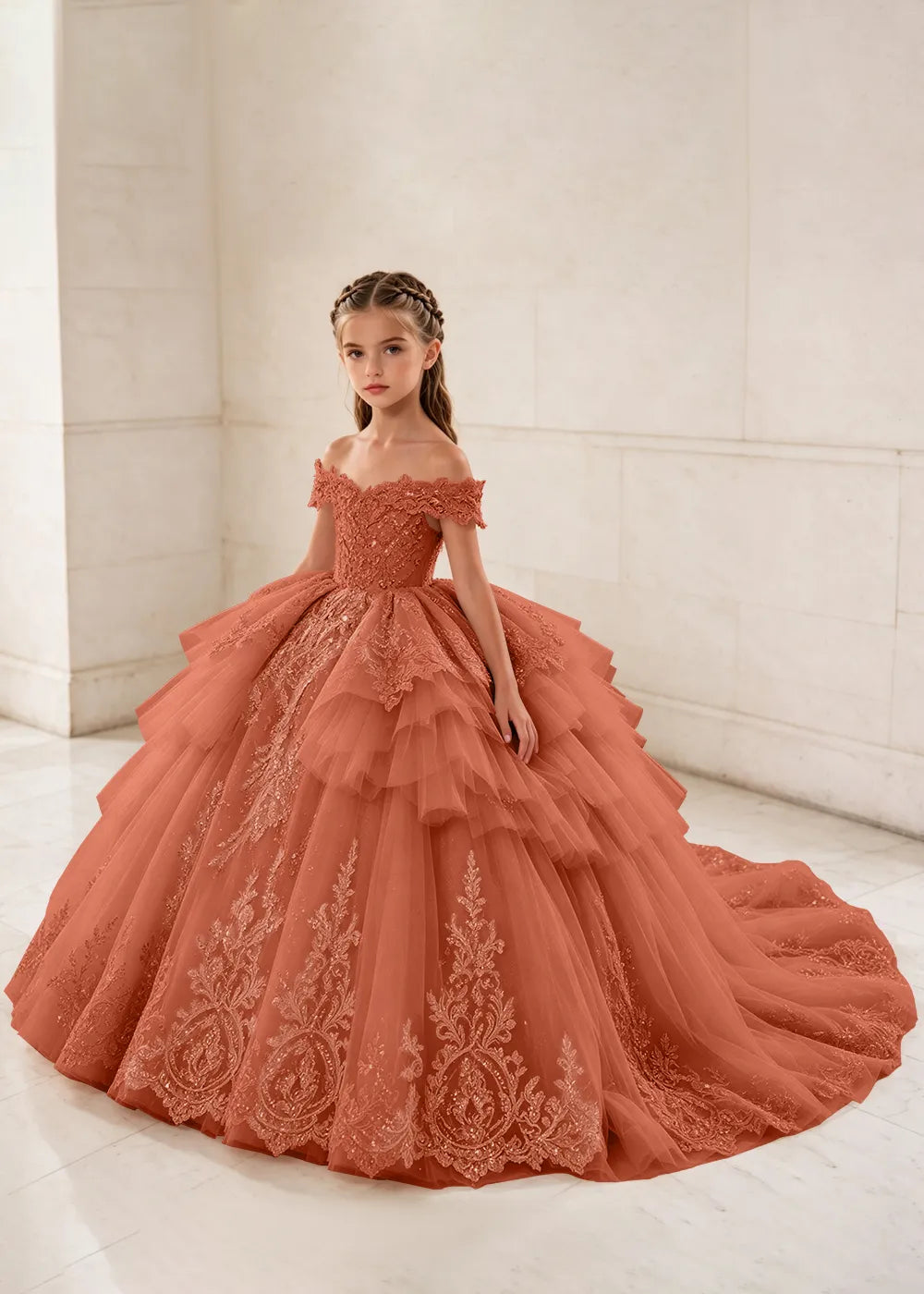 Ruffled Off Shoulder Lace Princess Dress for Girls