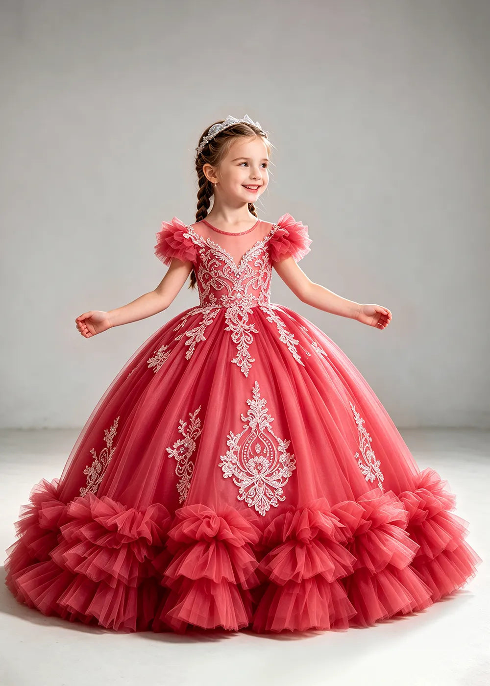 Muted Dusty Blue Flower Girl Ball Gown with White Floral Detail