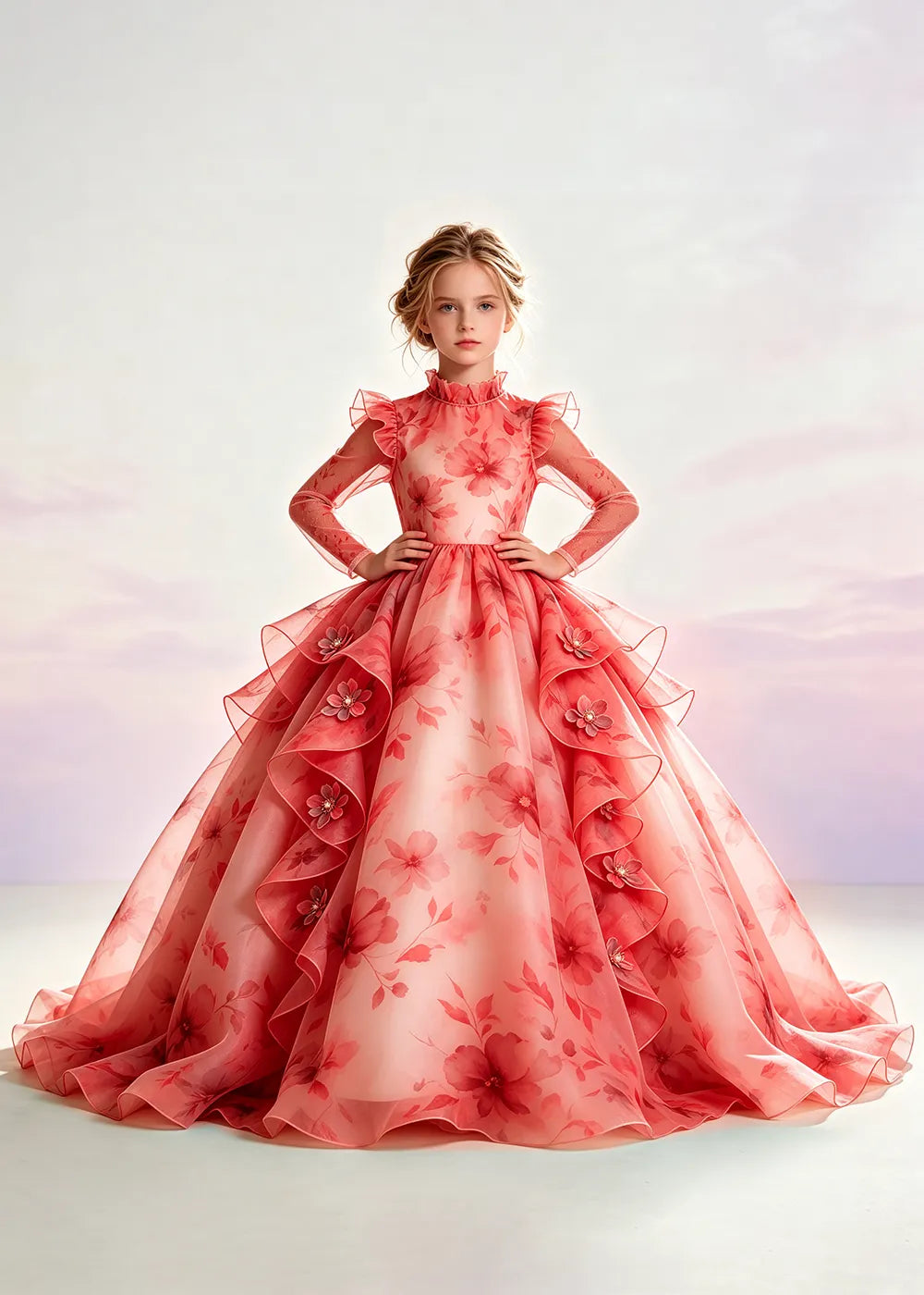Navy Blue Floral Ruffle-Collar Flower Girl Dress