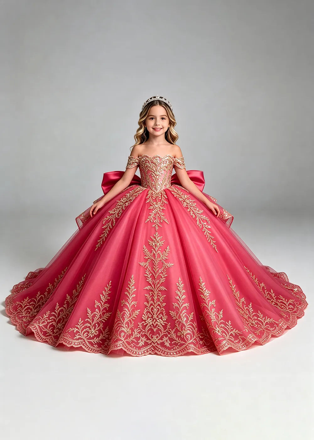 Off-Shoulder Lace Flower Girl Dress with Bow and Scalloped Hem