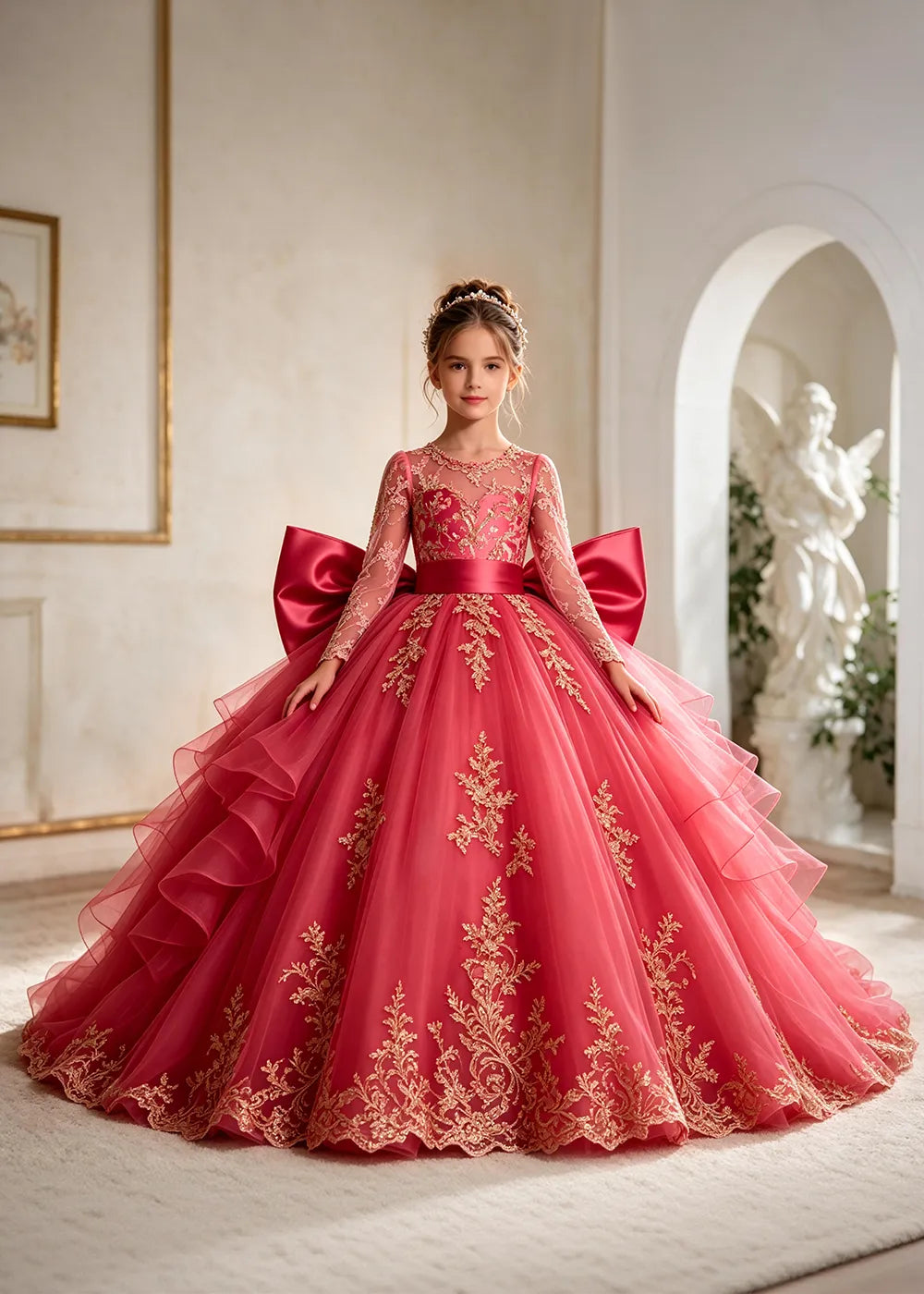 Navy Blue Gold Lace Flower Girl Gown with Ruffles and Long Bow Tails