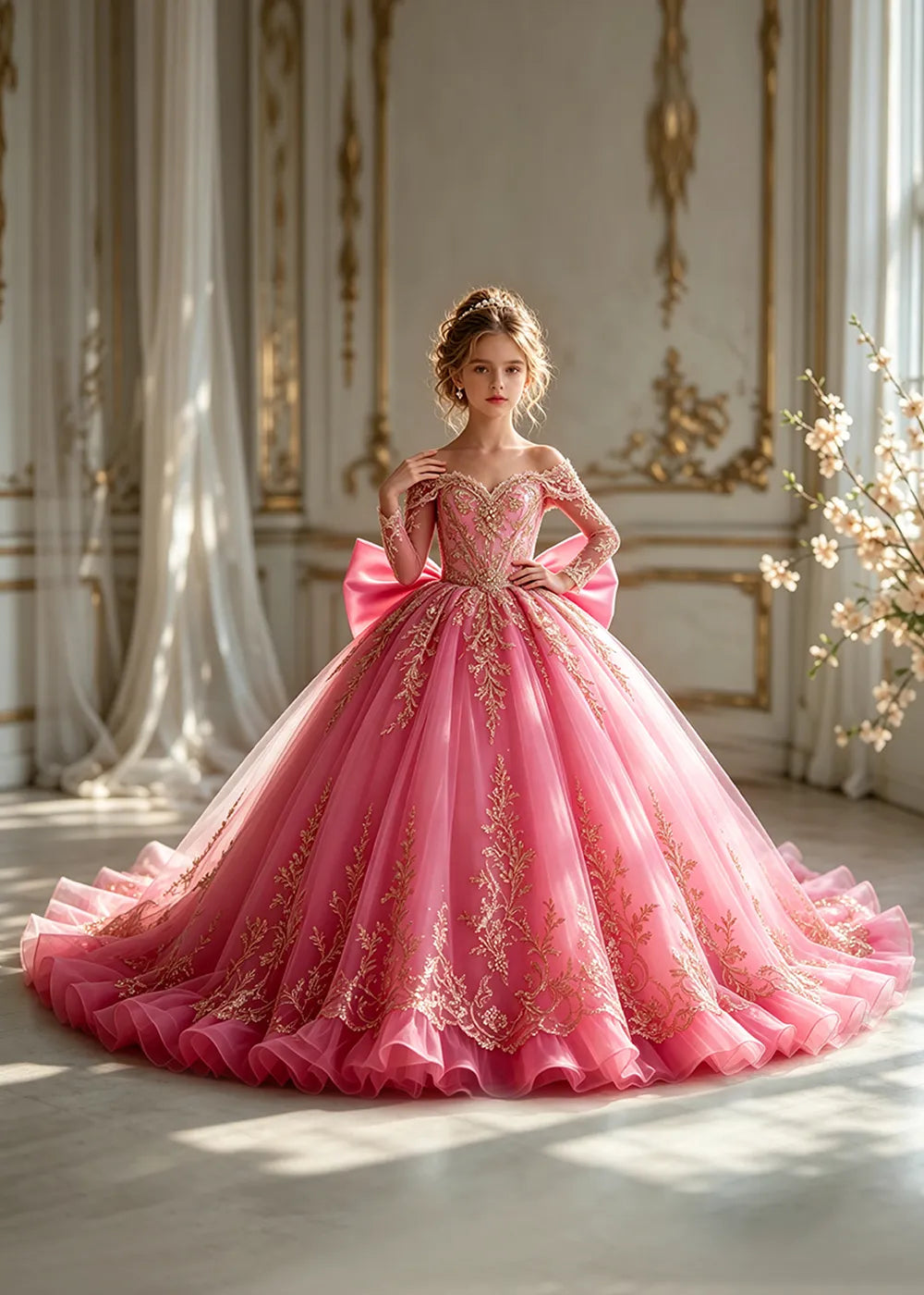Off-Shoulder Sequin Lace Flower Girl Dress with Bow and Flounced Hem