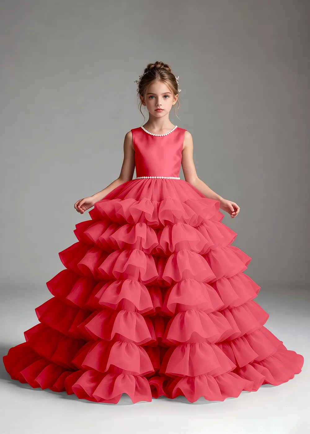 Royal Blue Pearl-Trimmed Tiered Ruffle Flower Girl Dress