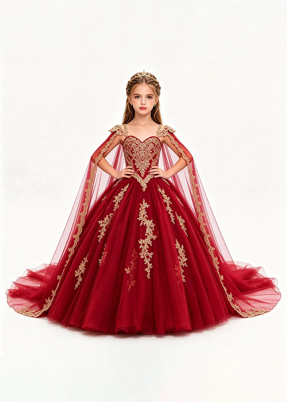 Gold Appliqué Cape Princess Dress for Girls