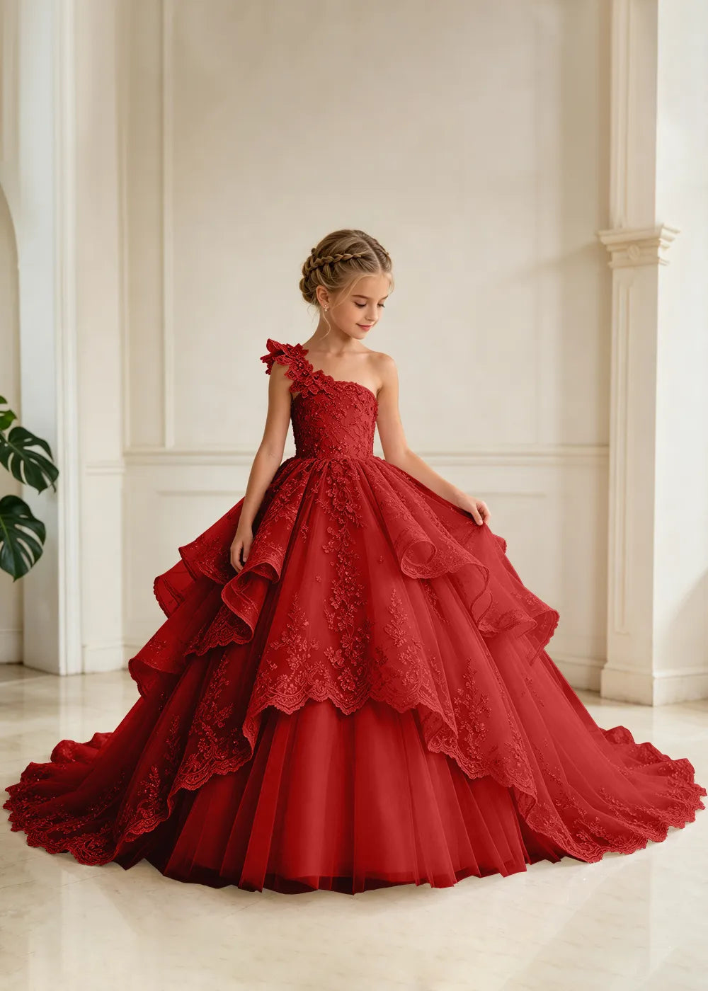 Floral Strap Tiered Lace Princess Dress for Girls
