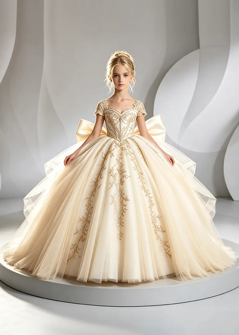 Cap Sleeve Sequin Bodice Flower Girl Dress with Bow and Gold Embroidery