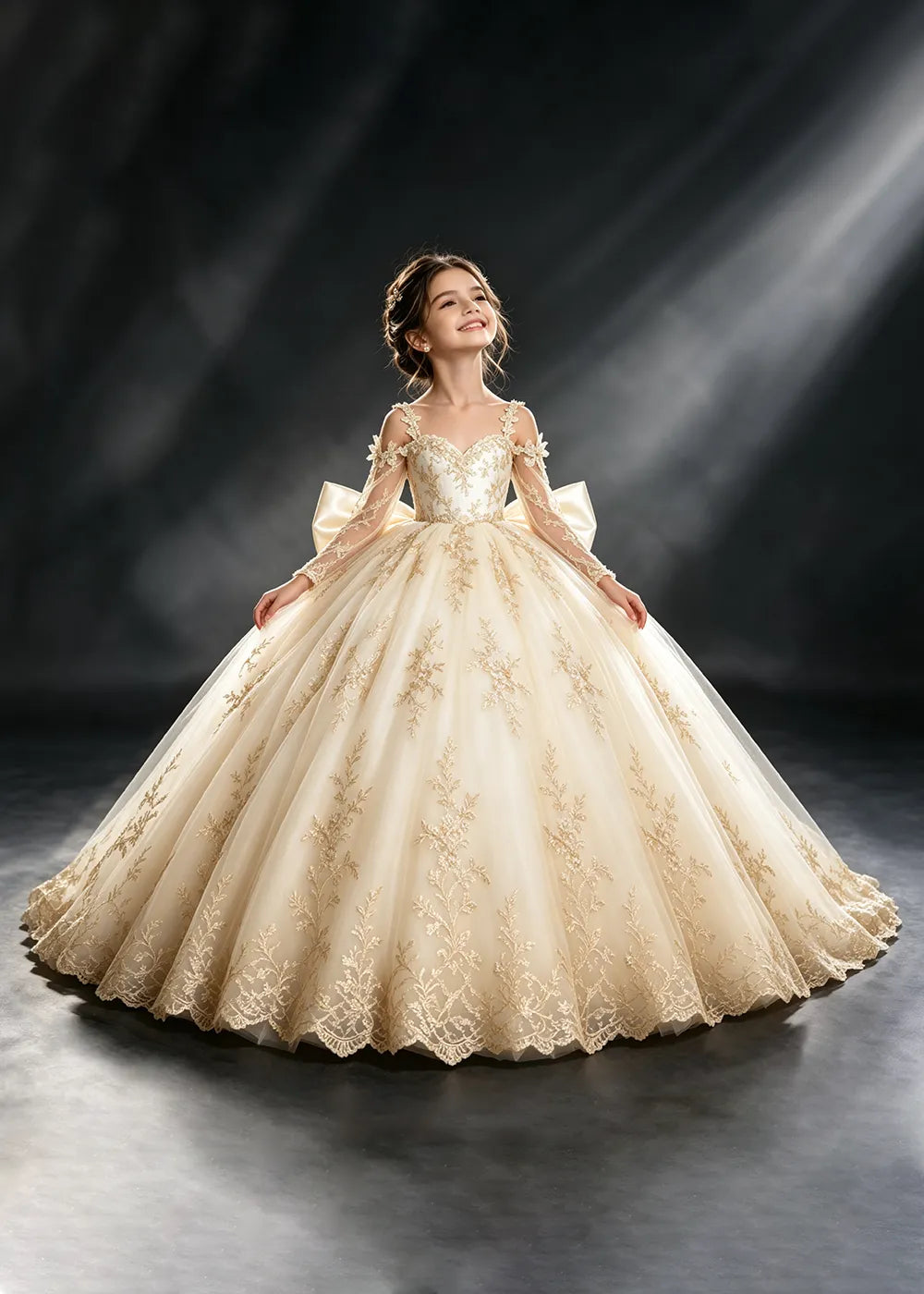 Ivory Gold Lace Flower Girl Dress with Floral Straps and Satin Bow