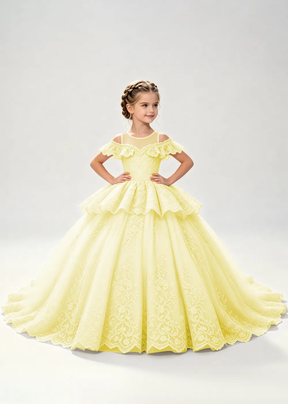 Illusion Neck Tiered Lace Princess Dress for Girls