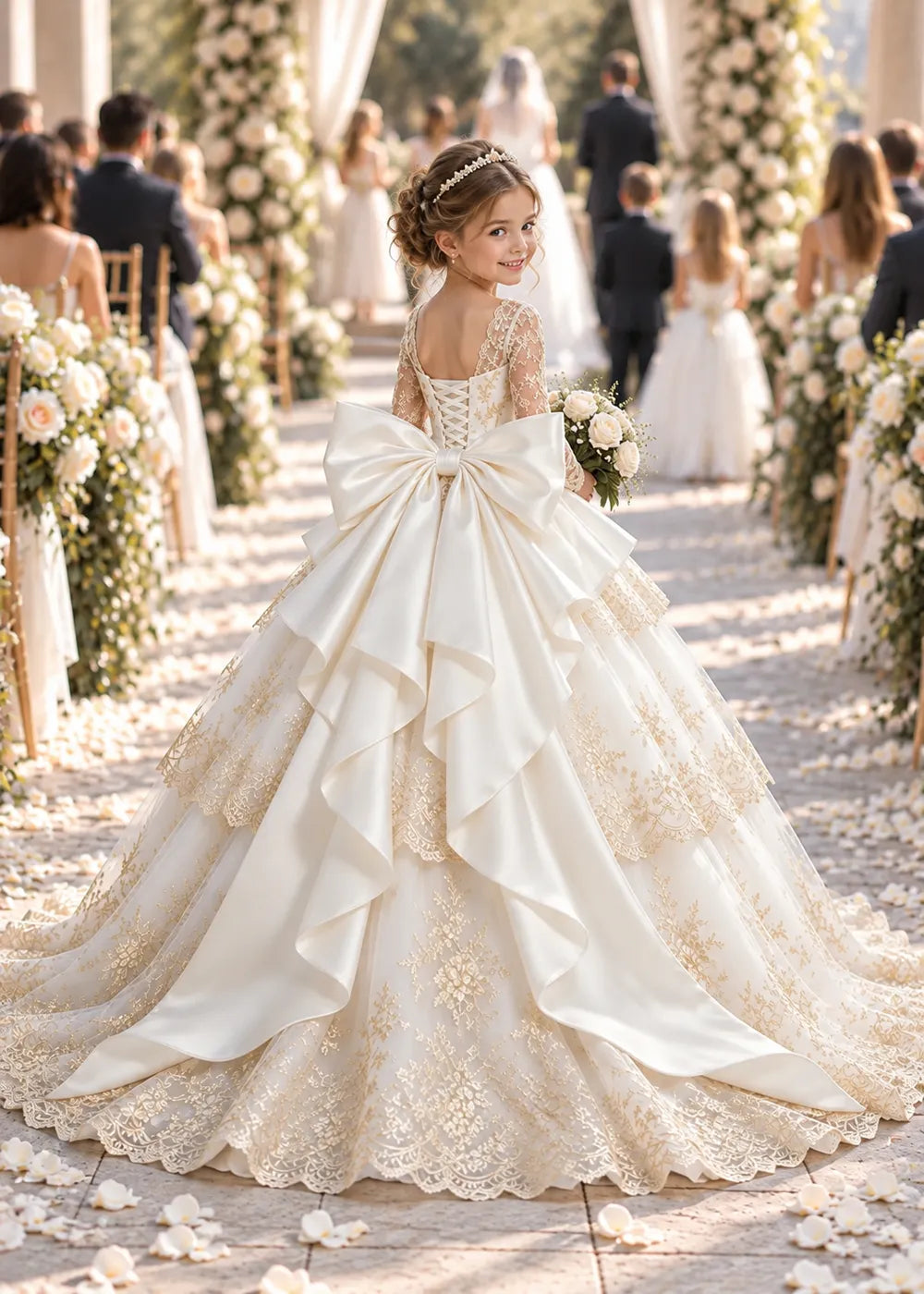 Long Sleeve Lace Flower Girl Dress with Sash Bow and Tiered Skirt