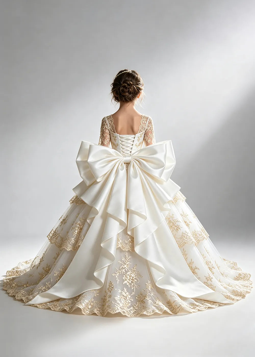 Long Sleeve Lace Flower Girl Dress with Sash Bow and Tiered Skirt