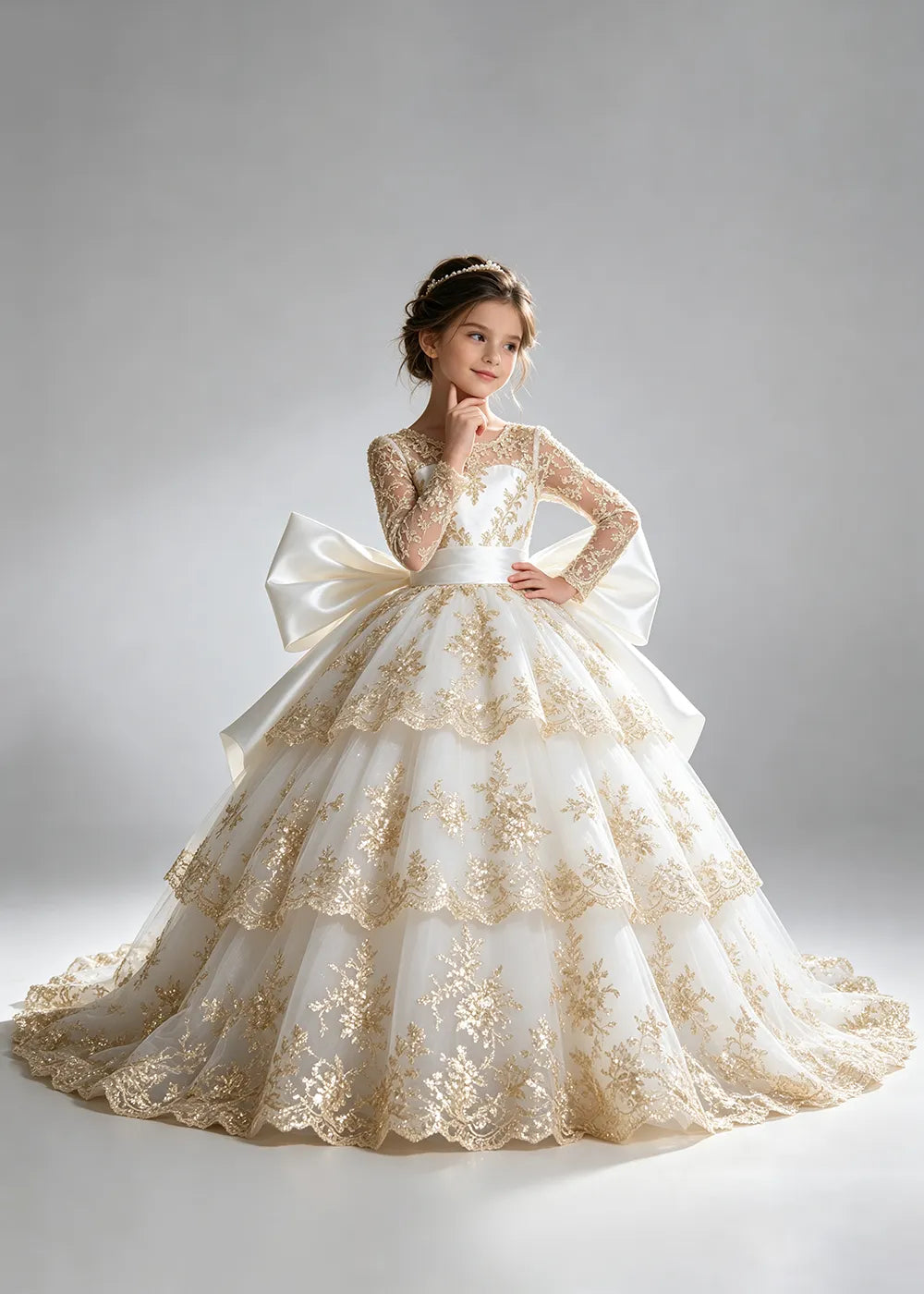Long Sleeve Lace Flower Girl Dress with Sash Bow and Tiered Skirt